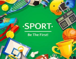 Colorful poster on sport theme with wishing to be first and set of inventory items on green background  flat vector illustration
